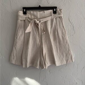 High-Rise Tie-Waist Linen Blend Shorts - Cream/khaki color